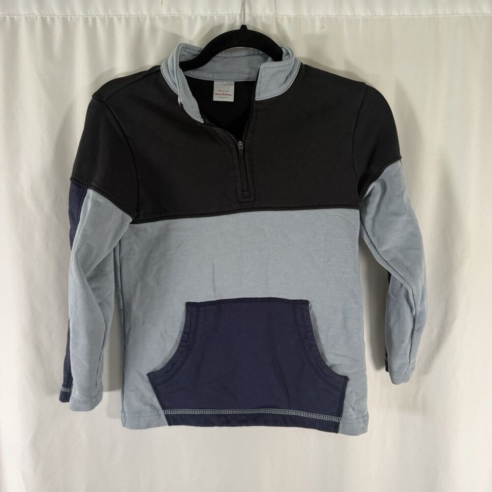 Hanna Anderson Sweater Boy 8 130 CM Grey Blue Striped 1/4 Zip Pullover Pockets